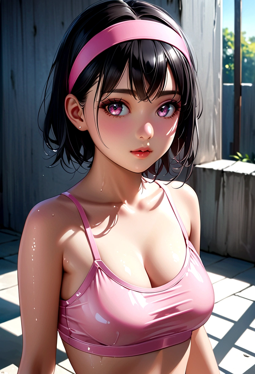anime girl in pink wet clothes, Realistic shadows, Delicate skin, The breasts are very small, Black Hair, Headband, Very detailed, 8k highly detailed face, Perfect face shape, Perfect lips, Perfect nose, Correction of beautiful eyes, Viewers, masterpiece, best quality, Single Girl, very good, No, Solitary