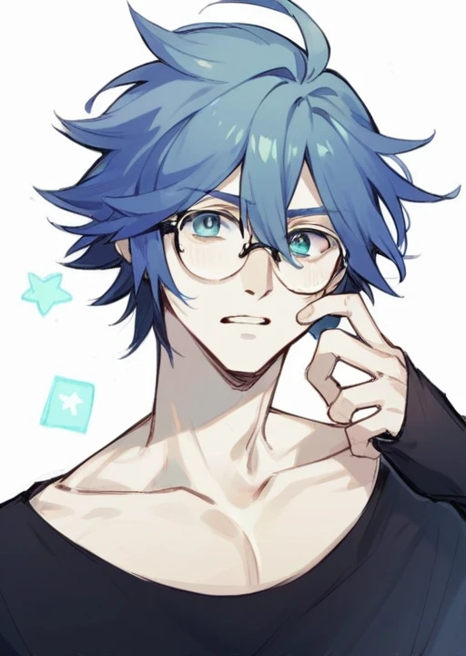 Young man riding blue , glasses