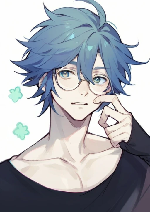 Young man riding blue , glasses