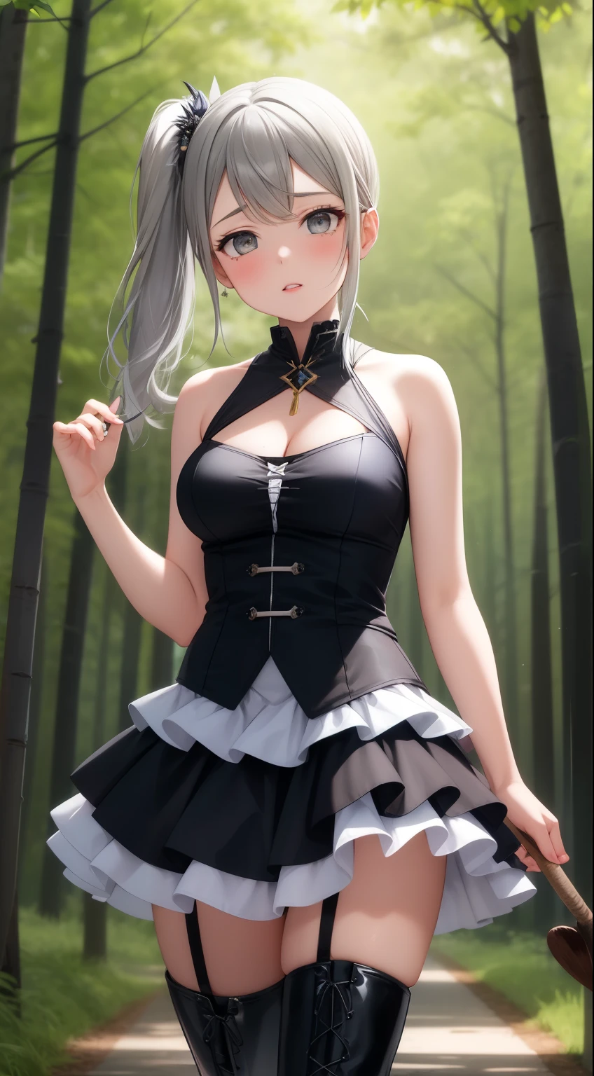 masterpiece, best quality, highly detailed, ultra high res, ayase arisa, 1girl, solo, hair ornament, short ash grey hair, side ponytail, glossy lips, sleeveless halter-top witch dress, (witch dress), medium breasts, standing, thigh boots, forest, puffy skirt, layered skirt, tiered skirt