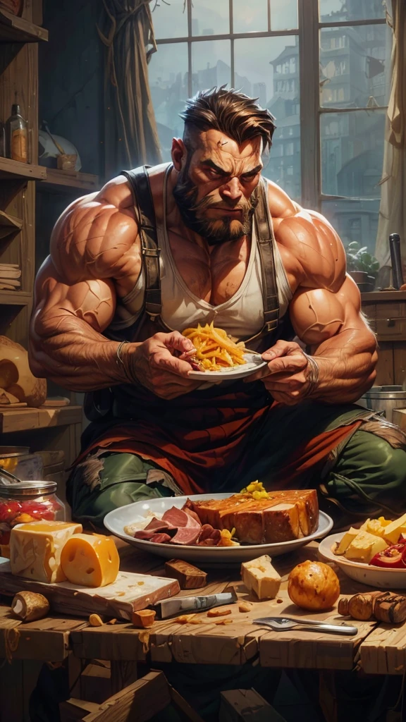There is a man sitting at a table with a plate of ham and cheese., muscular character, amateur man, epic video game art, super realistic food image, epic digital art illustration, muscular characters, muscular male hero, male art, big biceps, big muscles, super polished and cool, muscular! cyberpunk, muscular werewolf, big muscles, epic digital painting, very fond, Unreal Engine 5, Photoshop, masterpiece, intrincate details, RTX, foodporn, too,
