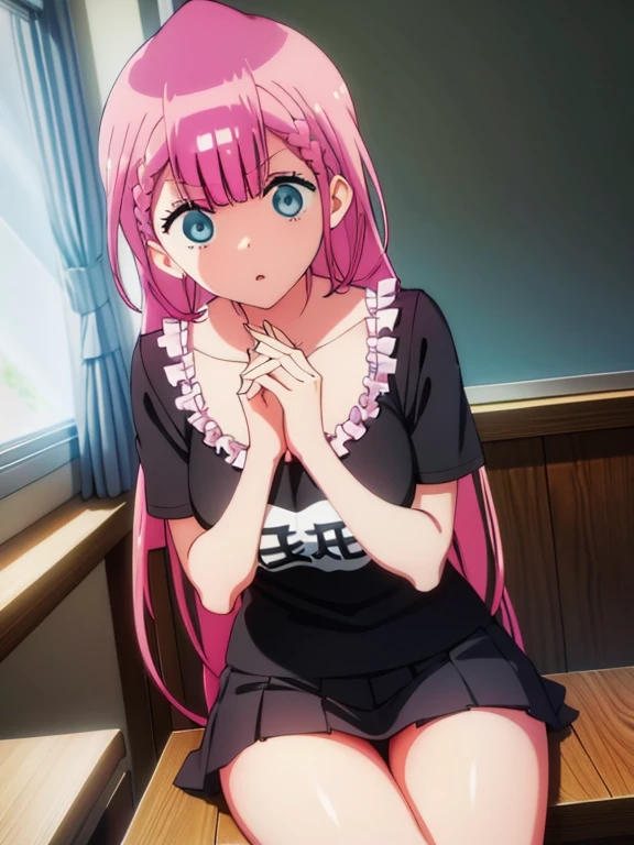 mafuyu kirusu sitting in bench, black t-shirt, sexy body and curves, black thighs, visible shoulder, blur crystal eyes, blue eyes, braid, long hair, twin braids, pink hair, short skirt, BREAK looking at viewer, BREAK indoors, classroom, BREAK (masterpiece:1.2), best quality, high resolution, unity 8k wallpaper, (illustration:0.8), (beautiful detailed eyes:1.6), extremely detailed face, perfect lighting, extremely detailed CG, (perfect hands, perfect anatomy)
