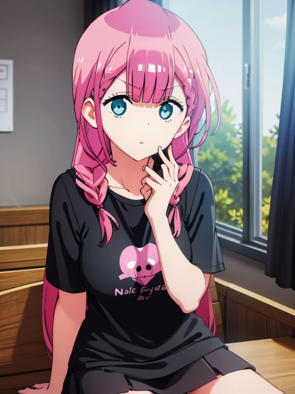 mafuyu kirusu sitting in bench, black t-shirt, sexy body and curves, black thighs, visible shoulder, blur crystal eyes, blue eyes, braid, long hair, twin braids, pink hair, short skirt, BREAK looking at viewer, BREAK indoors, classroom, BREAK (masterpiece:1.2), best quality, high resolution, unity 8k wallpaper, (illustration:0.8), (beautiful detailed eyes:1.6), extremely detailed face, perfect lighting, extremely detailed CG, (perfect hands, perfect anatomy)
