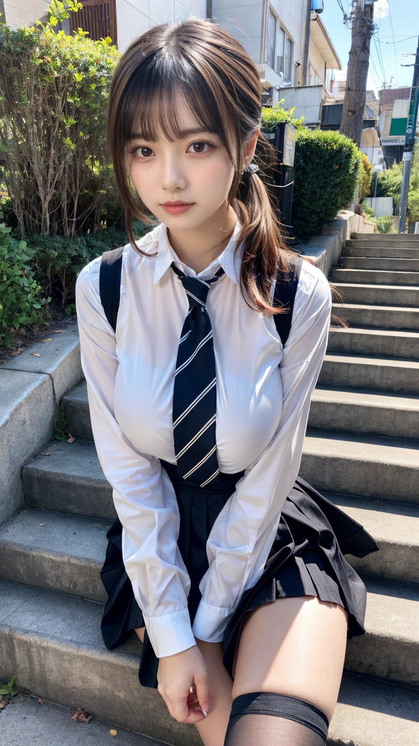 (8K, RAW Photos, Highest quality, masterpiece:1.2), masterpiece, super detailed, super high quality, (Realistic and photorealistic photography:1. 37), High-resolution RAW color photos, Very delicate and beautiful, highly detailed, 8k wallpaper, wonderful, detailed, Very eye, very detailed, very detailed skin, very thin fingers, very detailed nose, very detailed mouth, Perfect Anatomy, BREAK,18 year old girl, fluffy ponytail hair, emphasize breasts, huge breasts, colossal tits, very huge round breasts, beauty legs, (Spread your legs:1.2), (Open your legs:1.2), Hands between legs, (perfect body shape:1.1), Big Natural Color Lip, cute type, ta, (Details High quality, realistic depiction of eyes:1.3), Beautiful makeup, glitter makeup, BREAK, skirt, socks, black socks, pleated skirt, kneehighs, white shirt, blue necktie, long sleeves, vest, collared shirt, BREAK, (sitting on a step:1.2), bold sexy pose