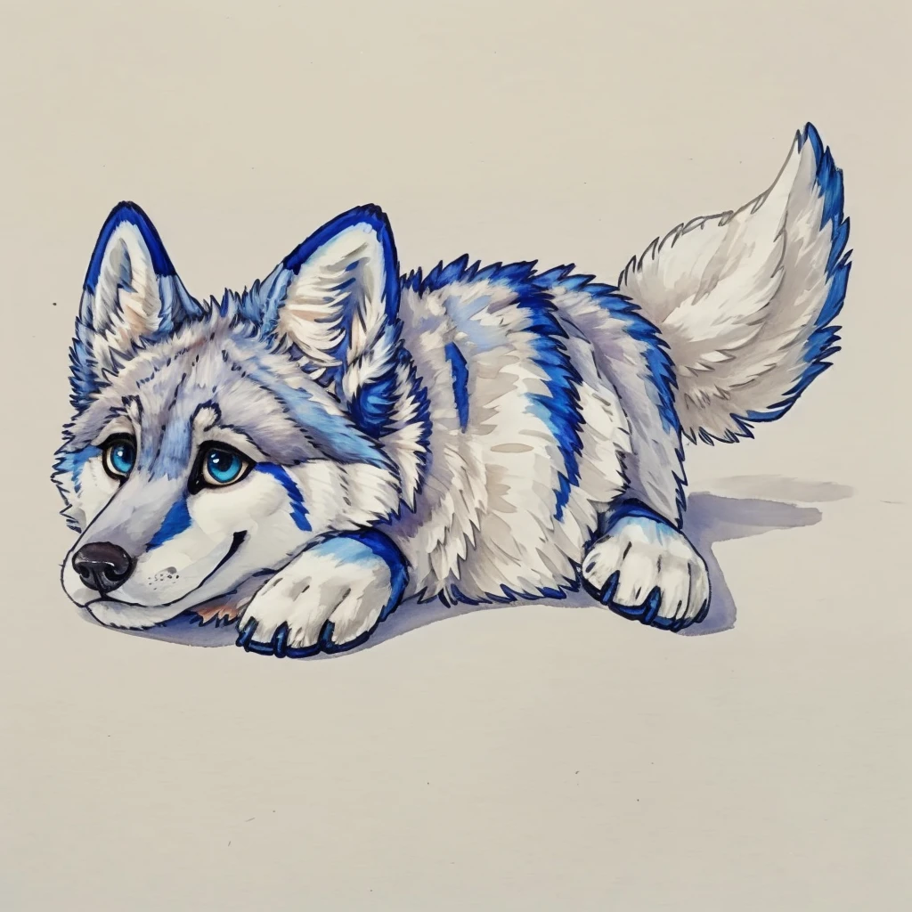 a anthropomorphic blue colored wolf, laying down on a white surface, closed smile, high quality furry art, high quality furry ref, cute.