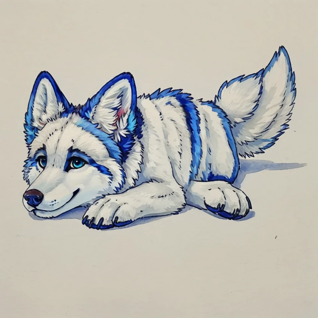 a anthropomorphic blue colored wolf, laying down on a white surface, closed smile, high quality furry art, high quality furry ref, cute.