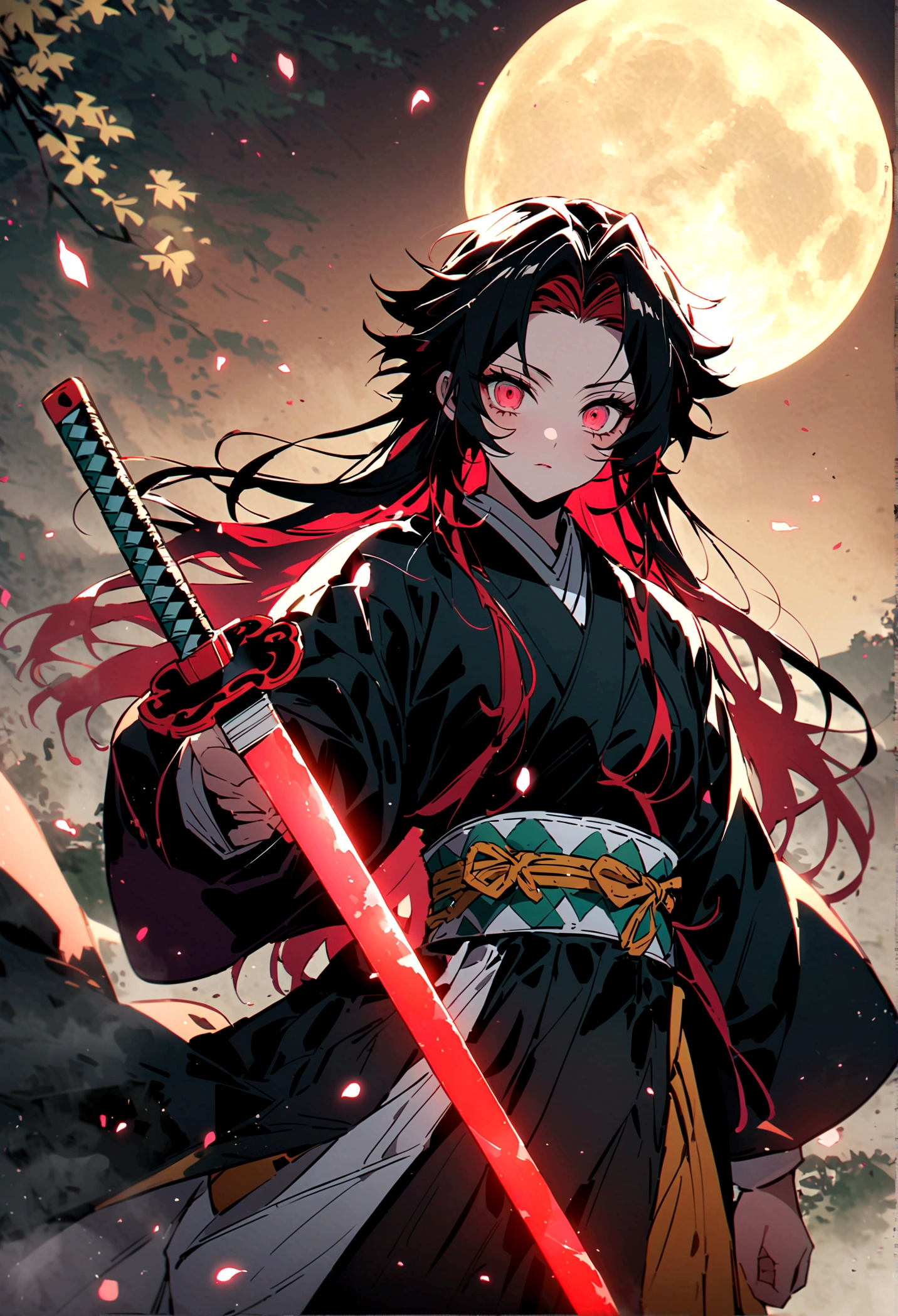 Long-haired anime character holding a sword in front of a full moon, Demon Slayer: Kimetsu no Yaiba艺术中的可爱脸庞, Demon Slayer: Kimetsu no Yaiba, Inspired by《Demon Slayer: Kimetsu no Yaiba》, Tsugikoni Yoriichi, Demon Slayer: Kimetsu no Yaiba艺术风格, Demon Slayer: Kimetsu no Yaiba动漫形象, Tanjiro