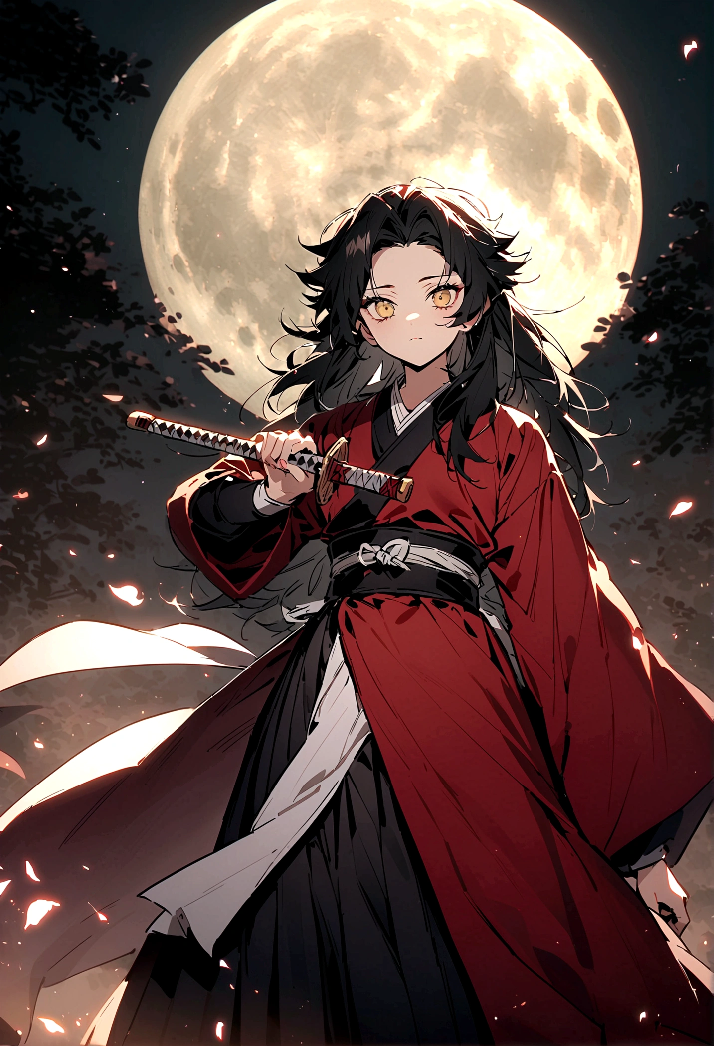 Long-haired anime character holding a sword in front of a full moon, Demon Slayer: Kimetsu no Yaiba艺术中的可爱脸庞, Demon Slayer: Kimetsu no Yaiba, Inspired by《Demon Slayer: Kimetsu no Yaiba》, Tsugikoni Yoriichi, Demon Slayer: Kimetsu no Yaiba艺术风格, Demon Slayer: Kimetsu no Yaiba动漫形象, Tanjiro