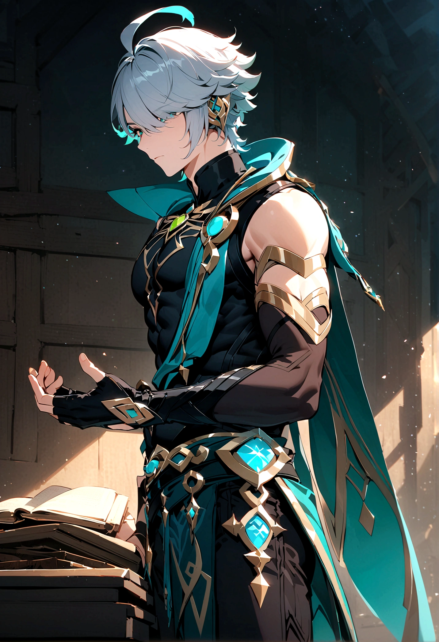 masterpiece, best quality,Al Haitham(Genshin Impact), 1 boy, Male focus, shirt, Solitary, Gloves, sleeveless shirt, Gray hair, Green Eyes, sleeveless, Ahog, black shirt, Bangs, Hair covering one eye, black Gloves, indoors, refuge, fingerless Gloves, black Pants, Pants, swept Bangs, boots, Bare shoulders, short hair, elbow Gloves,(knowledge base:0.6), Open your hands, muscle