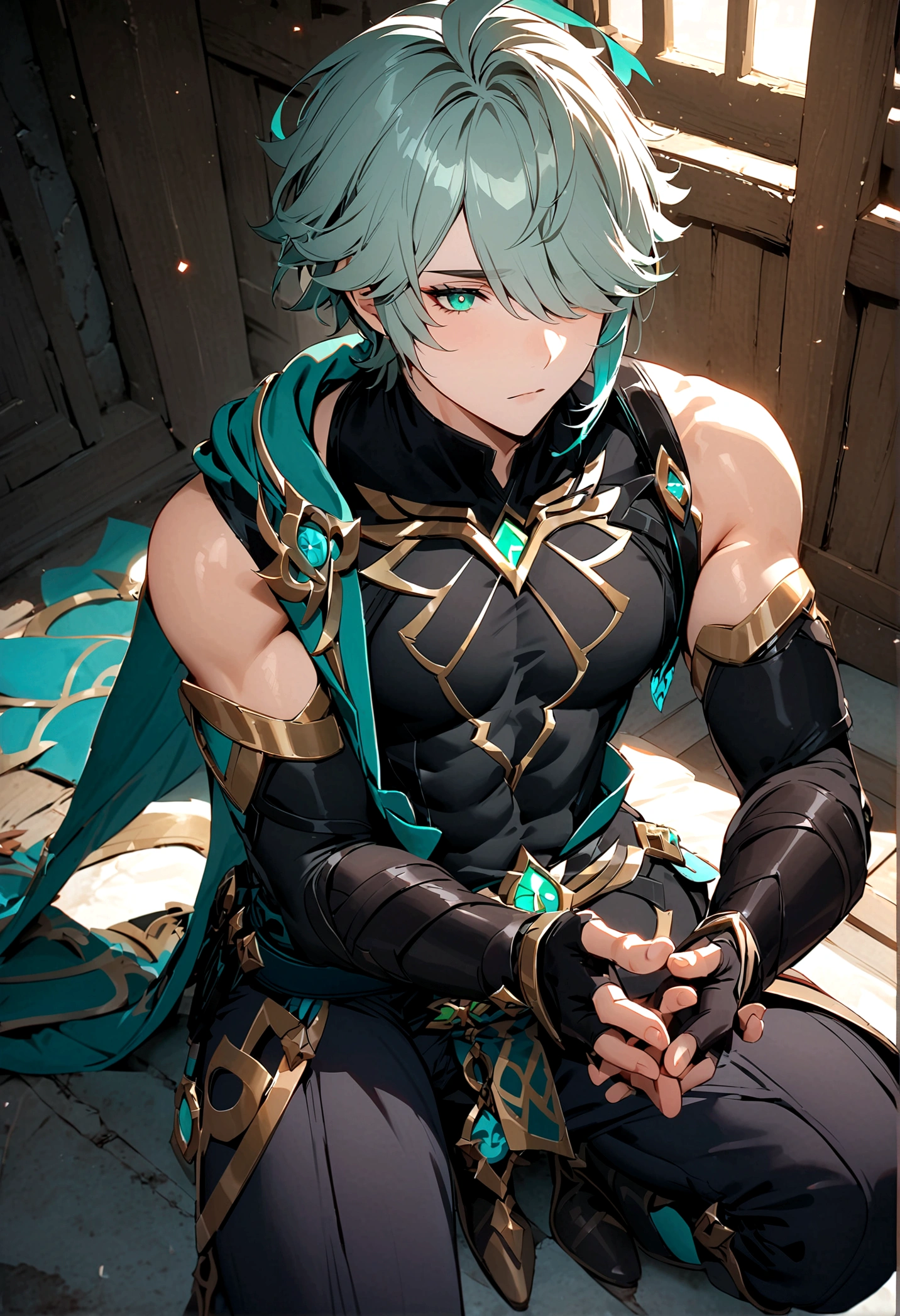 masterpiece, best quality,Al Haitham(Genshin Impact), 1 boy, Male focus, shirt, Solitary, Gloves, sleeveless shirt, Gray hair, Green Eyes, sleeveless, Ahog, black shirt, Bangs, Hair covering one eye, black Gloves, indoors, refuge, fingerless Gloves, black Pants, Pants, swept Bangs, boots, Bare shoulders, short hair, elbow Gloves,(knowledge base:0.6), Open your hands, muscle