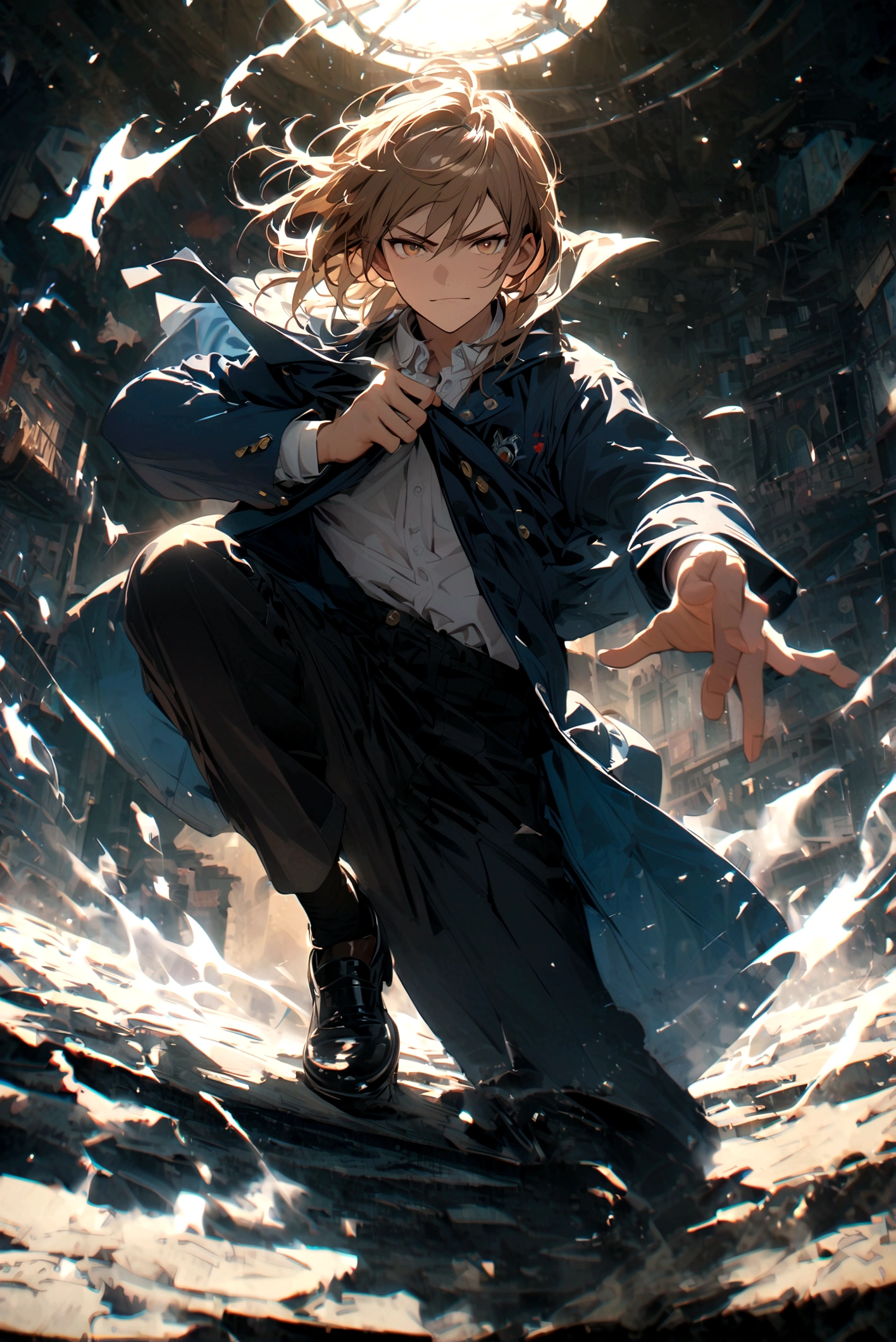 Teenage boy, hair lifted up, Medium length hair, Light brown bun hair, lightbrown eyes, serious face, ssmile, detailed school white shirt, detailed blue school jacket, dark brown detailed pants, black dress shoes, scene on top of a school in Japan, white aura around the character, lot of details,
