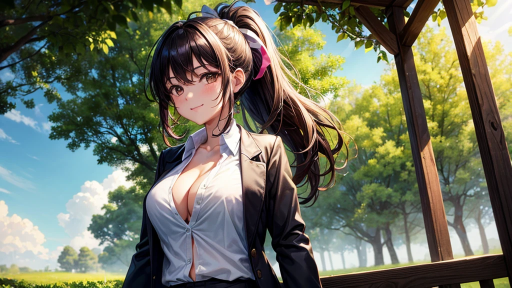 1girl, solo, summer, village, trees, sun, clouds, fantasy, ((colorful hair)), curly hair, ponytail, big full breasts, ((black blazer)), button down shirt, ((white shirt)), ((short sleeved shirt)), ((unbuttoned shirt)), unbuttoning buttons, cleavage 1:3, brown eyes, skirt, smile, looking at the viewer, standing, hair ribbon, golden necklate