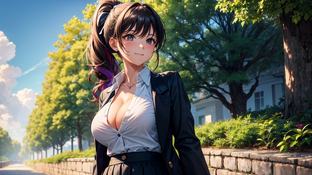 1girl, solo, summer, village, trees, sun, clouds, fantasy, ((colorful hair)), curly hair, ponytail, big full breasts, ((black blazer)), button down shirt, ((white shirt)), ((short sleeved shirt)), ((unbuttoned shirt)), unbuttoning buttons, cleavage 1:3, brown eyes, skirt, smile, looking at the viewer, standing, hair ribbon, golden necklate