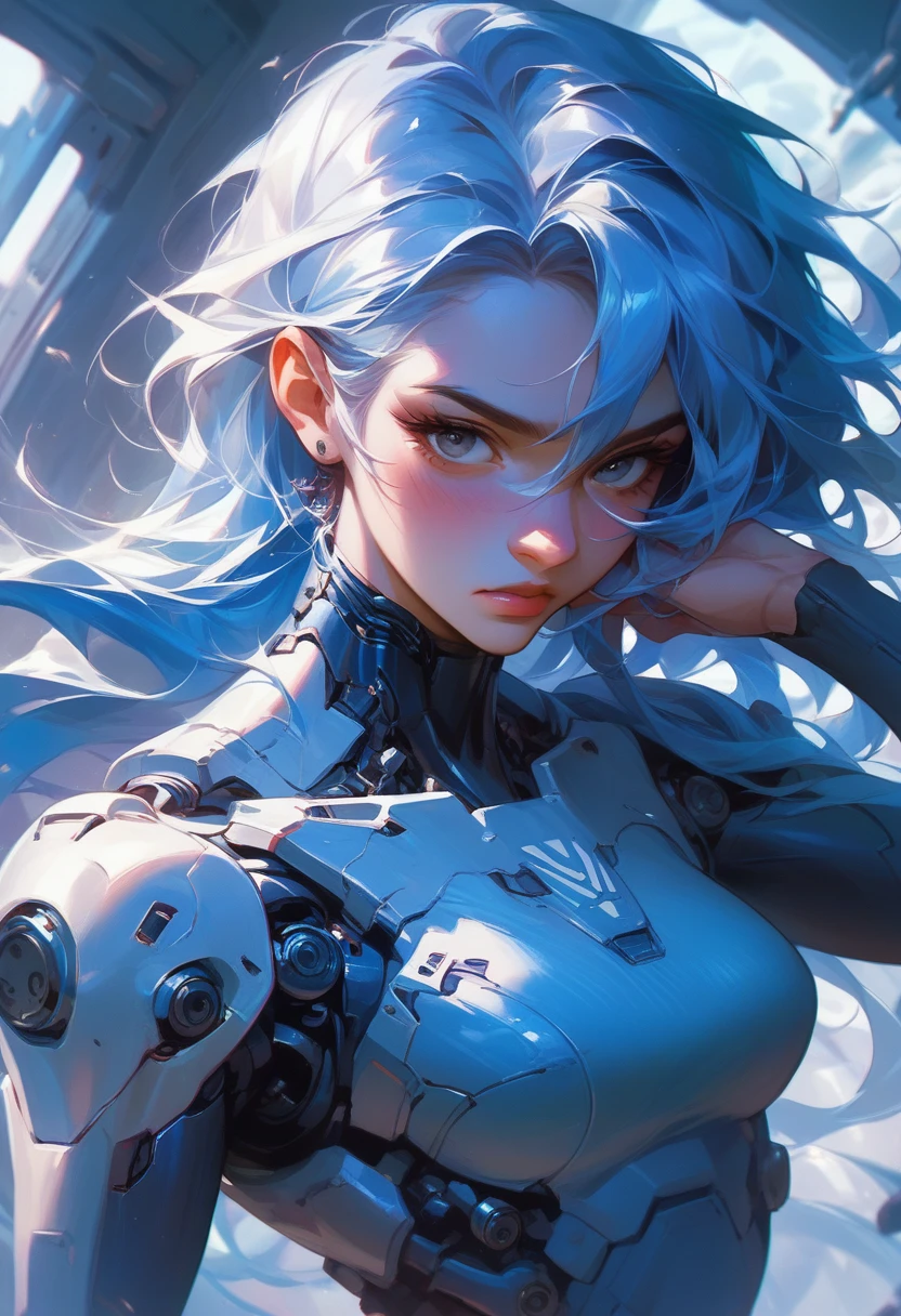 ８K、Very detailed、Blue and silver cyborg、Combat Ready、Move through the ruined spaceship、Female type、