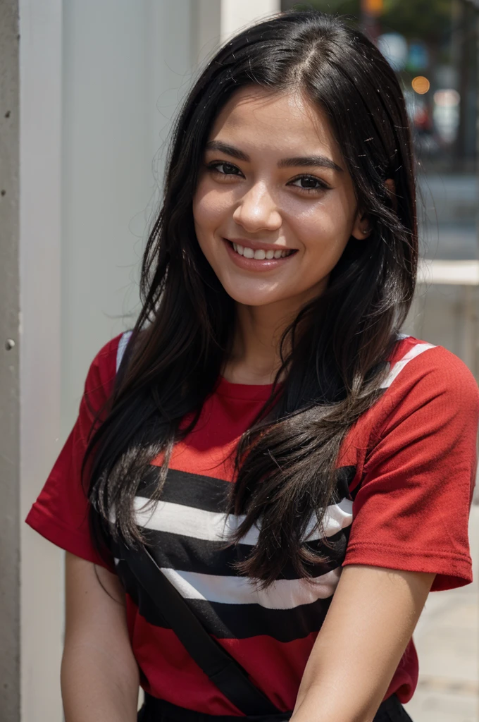 The female character with black hair and wearing red and black striped clothes is smiling happily