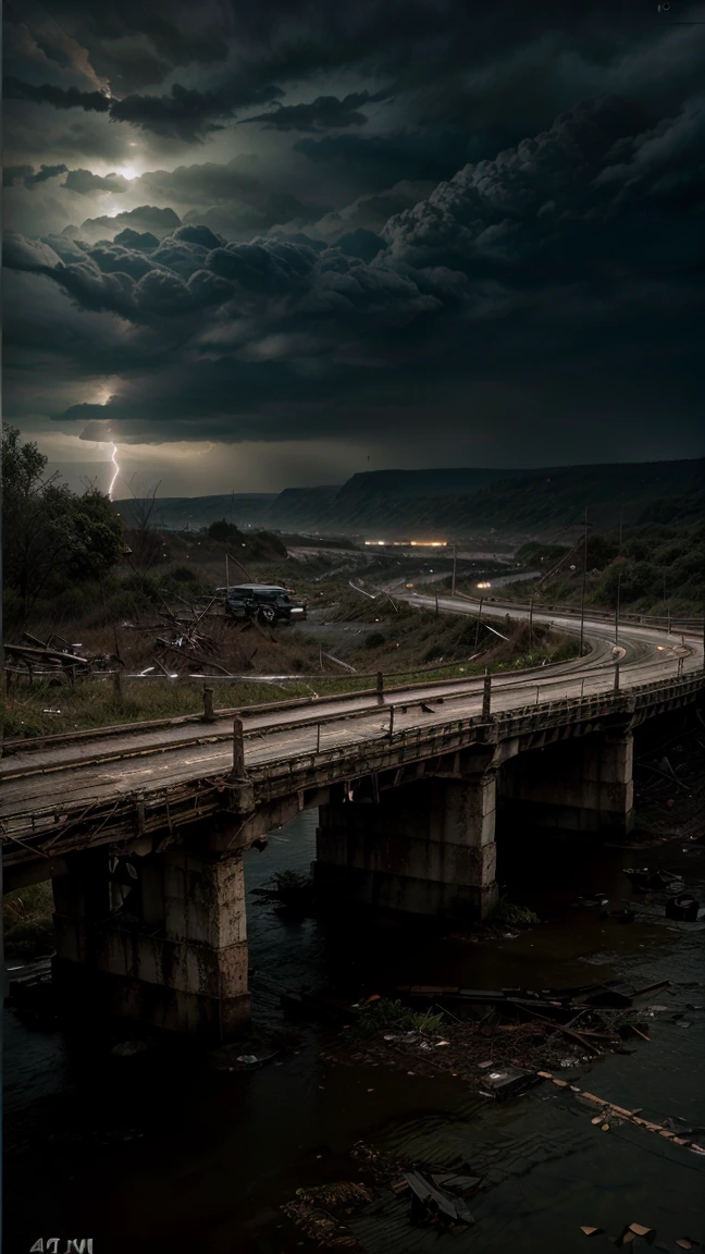 a destroyed bridge, fallen and broken structure, abandoned vehicles, turbid water below, dark sky with distant lightning, cinematic lighting, apocalyptic, grim, moody, dramatic, grunge, dystopian, muted color palette, somber tones, highly detailed, photorealistic, 8k, (best quality,4k,8k,highres,masterpiece:1.2),ultra-detailed,(realistic,photorealistic,photo-realistic:1.37)