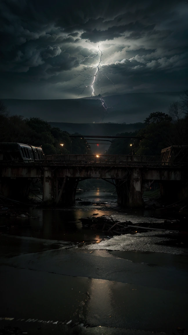a destroyed bridge, fallen and broken structure, abandoned vehicles, turbid water below, dark sky with distant lightning, cinematic lighting, apocalyptic, grim, moody, dramatic, grunge, dystopian, muted color palette, somber tones, highly detailed, photorealistic, 8k, (best quality,4k,8k,highres,masterpiece:1.2),ultra-detailed,(realistic,photorealistic,photo-realistic:1.37)
