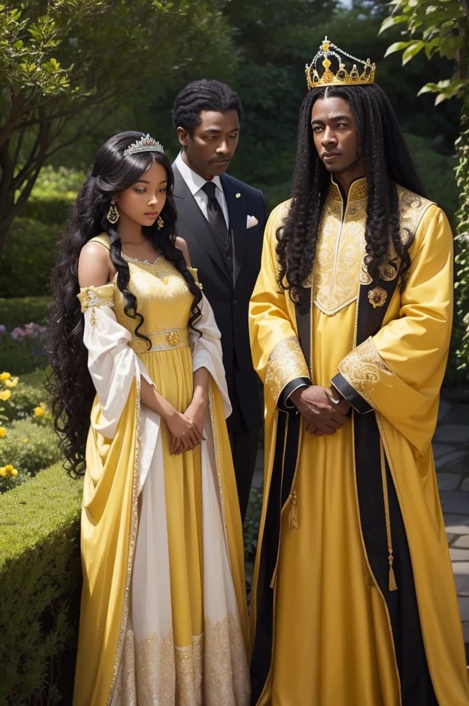 A princess wearing a tiara, dark-skinned, curly and voluminous hair, dressed in a long yellow dress, standing facing a garden next to a prince, De pele clara, Bblack hair, with formal clothes