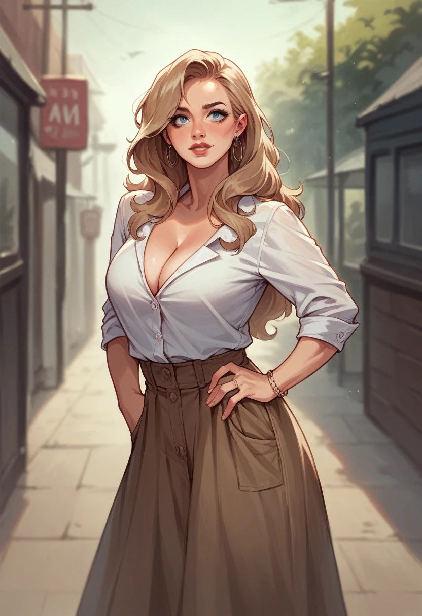 Show me what my American girlfriend looks like, She has big breasts wearing a blouse and a long skirt, blue eyes and fair skin light brown hair ,high quality 8k realistic photo