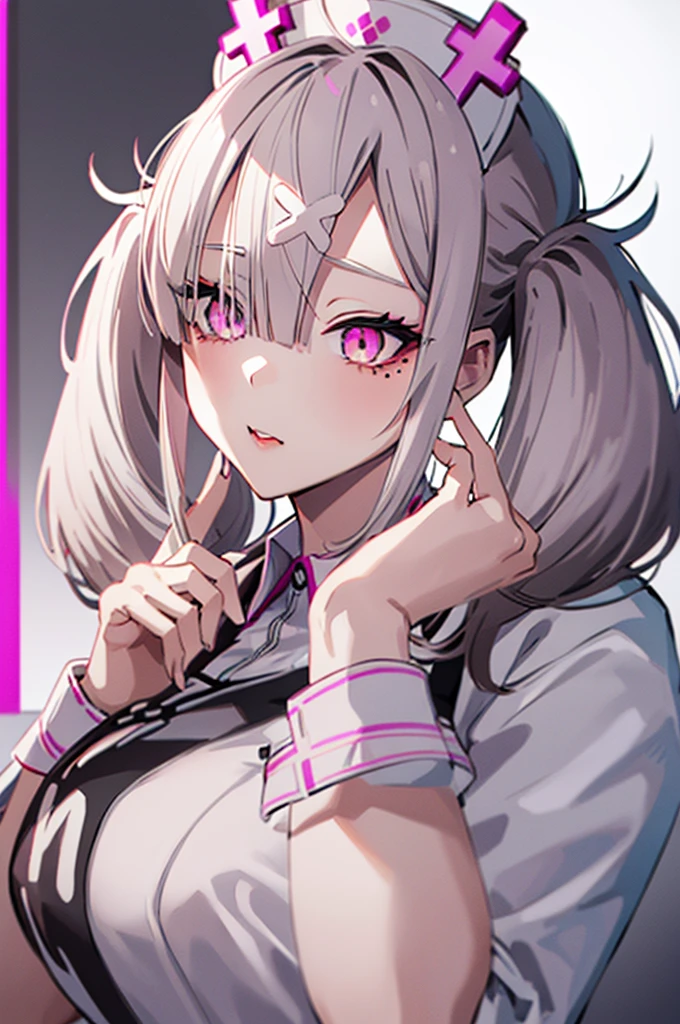 Kenya Hana（Nijisanji）,Twin tail hair,Gray Hair,Pink Eyes,White hair ornament,Nurse uniform,Large Breasts,Sexy pose, BREAK (masterpiece:1.2), highest quality, High resolution, unity 8k wallpaper, (shape:0.8), (Beautiful and beautiful eyes:1.6), Highly detailed face, Perfect lighting, Highly detailed CG, (Perfect hands, Perfect Anatomy),