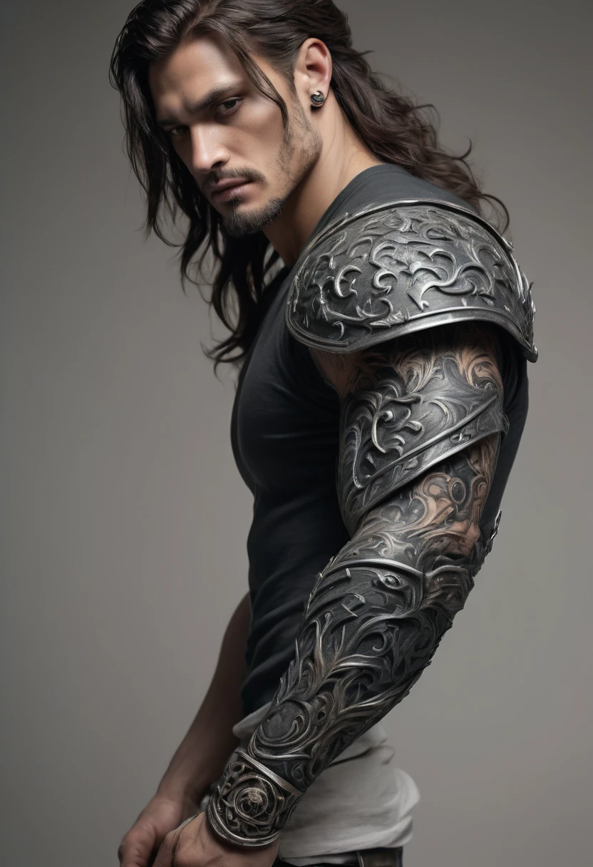 a perjured paladin with an intense dark tattoo covering the entire forearm, starting from the wrist and extending to the elbow, realistic style with heavy shading for depth and a sinister touch, reflecting the decay and betrayal of the fallen paladin, (best quality,4k,8k,highres,masterpiece:1.2),ultra-detailed,(realistic,photorealistic,photo-realistic:1.37),dramatic lighting,chiaroscuro,dark fantasy,cinematic