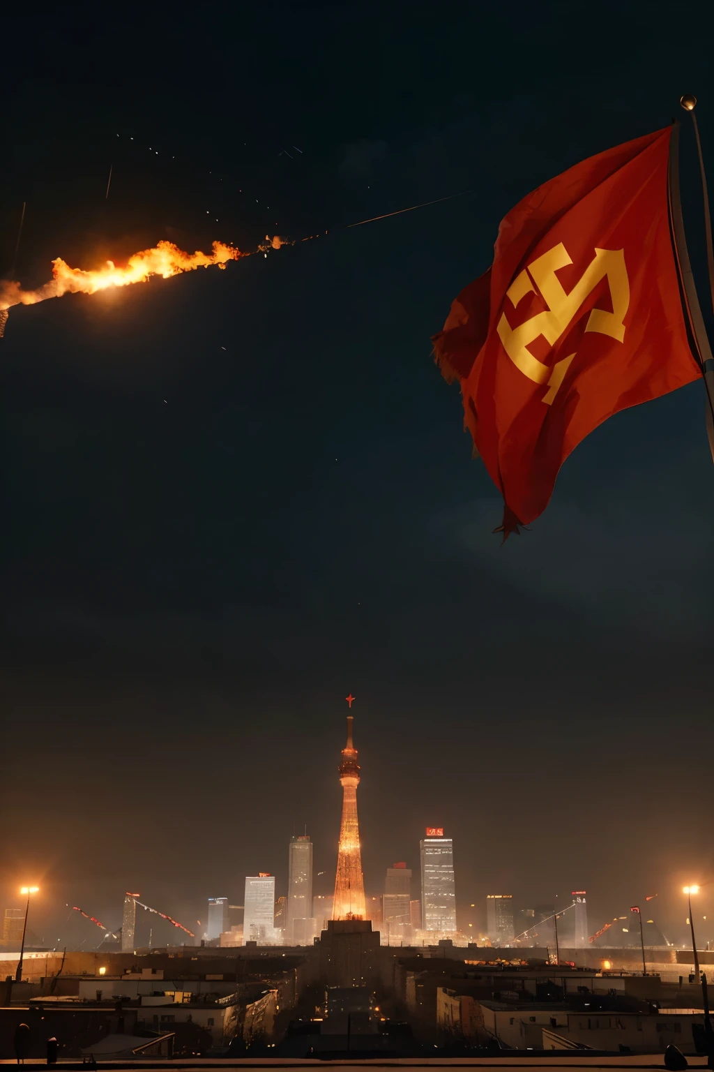 "Red flag flying high, adorned with the iconic hammer and sickle. Below, a bustling cityscape with towering Soviet architecture and bustling streets."