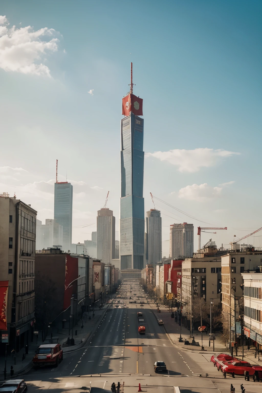 "Red flag flying high, adorned with the iconic hammer and sickle. Below, a bustling cityscape with towering Soviet architecture and bustling streets."