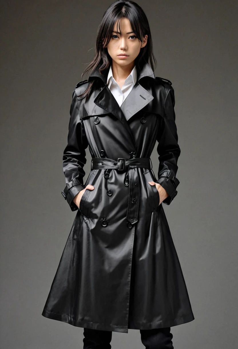 Black Trench Coat, full body, by Tsukasa Hojo, best quality, masterpiece, very aesthetic, perfect composition, intricate details, ultra-detailed