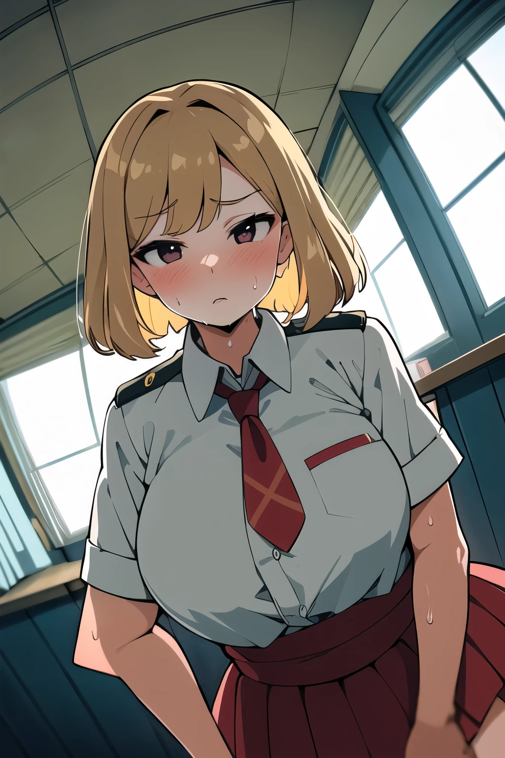 1 Female, Age 20,whole body,Standing,blonde perm hair,Gal,((face)), In the heat, Sulky face, tits, Short Hair, Uniform shirt,High quality anime, Vulgar,(90s Anime), ((Sweat)), Mastepiece, Ultra High Quality, High resolution, 8K, background: Realistic school classroom,Window,sunlight,((Fisheye Lens)),backgroundボケ,(Low - Angle),