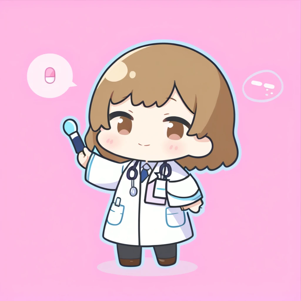 cute, chibi, doctor girl, holding one pill in one hand and 2 pills in the other . happy,
