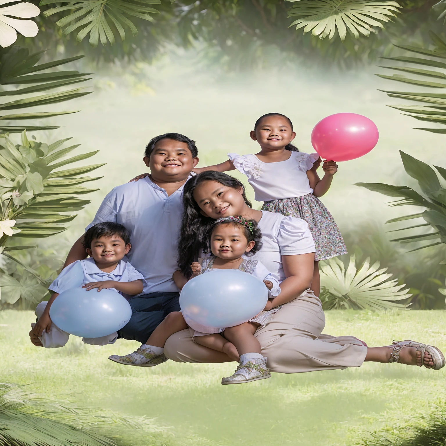 there is a group of people sitting in a green field with balloons, family photography, family portrait, happy family, an indonesian family portrait, color portrait, color studio portrait, barong family, of a family standing in a park, portrait photo, portrait photo, Photoshoot, family, 1 / 4 Portrait, colored background, Medium portrait, children, in a jungle environment