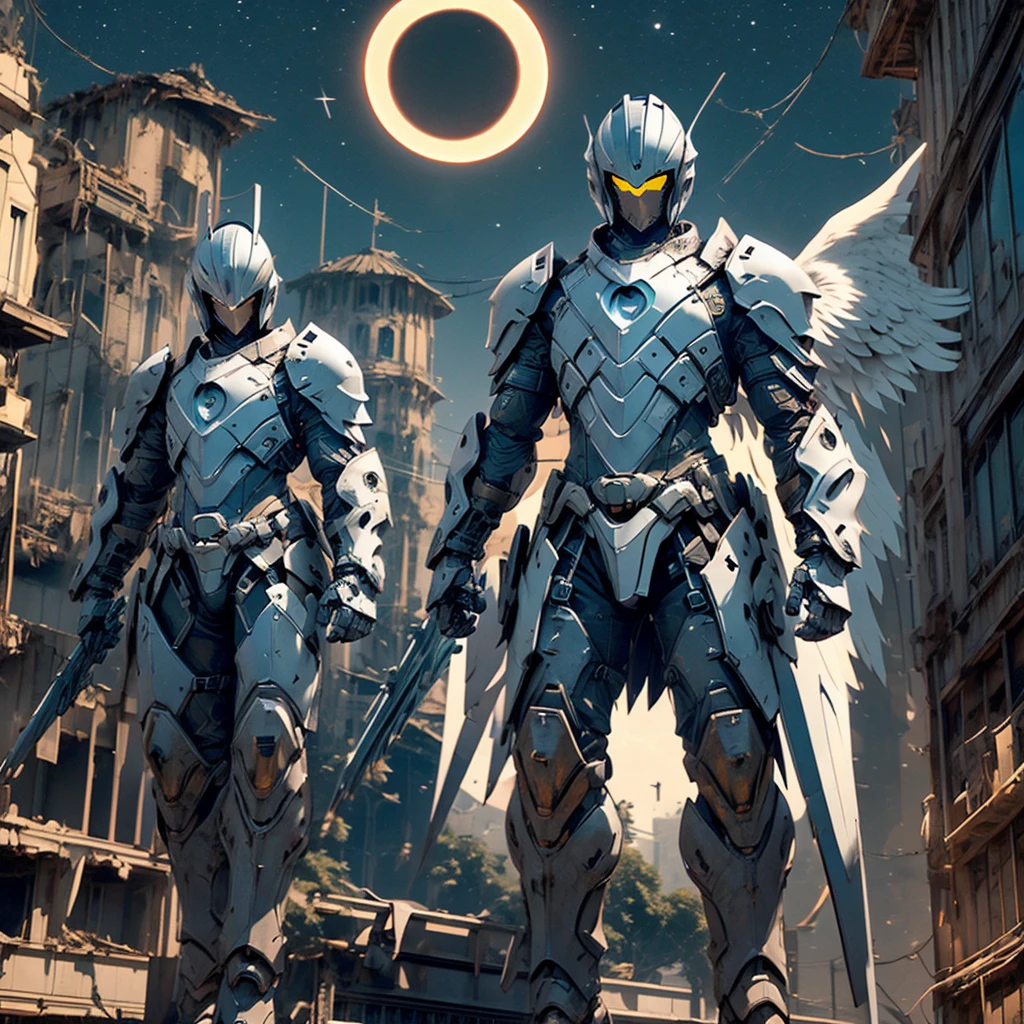 female mecha wings of angel, in black armor and helmet, in a destroyed city, the night, with an eclipse in the background