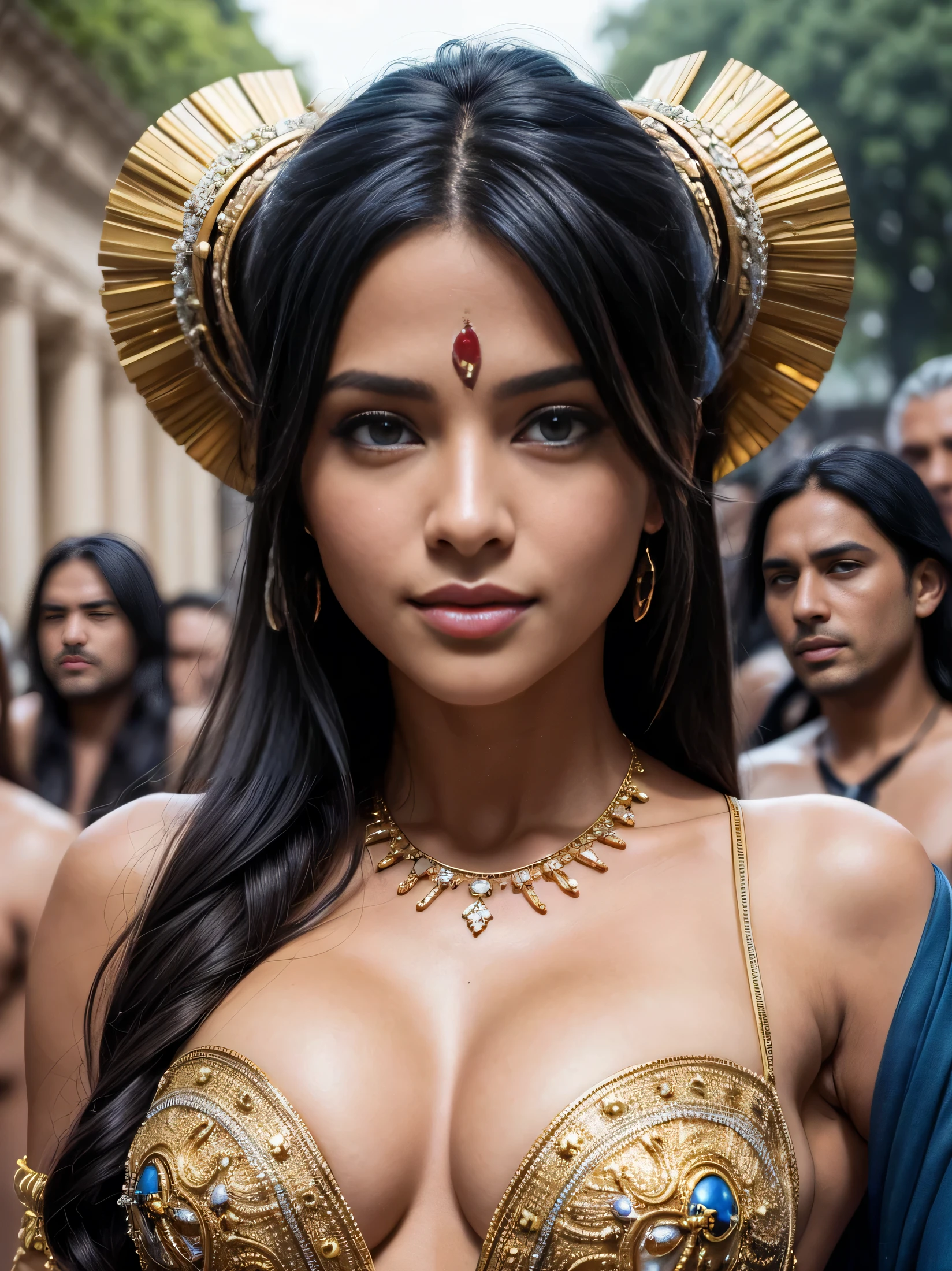 Masterpiece, paparazzi shot of scantily clad SMALL BOBBIES, smiling, INTENSE BEAUTIFULL BLUE EYES, fking_scifi, fking_scifi_v2, portrait of a young, seductive, extremely beautiful and attractive woman, big cleavage, in ancient roma lupanar 41bc, several uglies black men behind her, long BLack hair, rich colorful clothes and golden jewelry, close up, regal pose and attitude. fking_cinema_v2