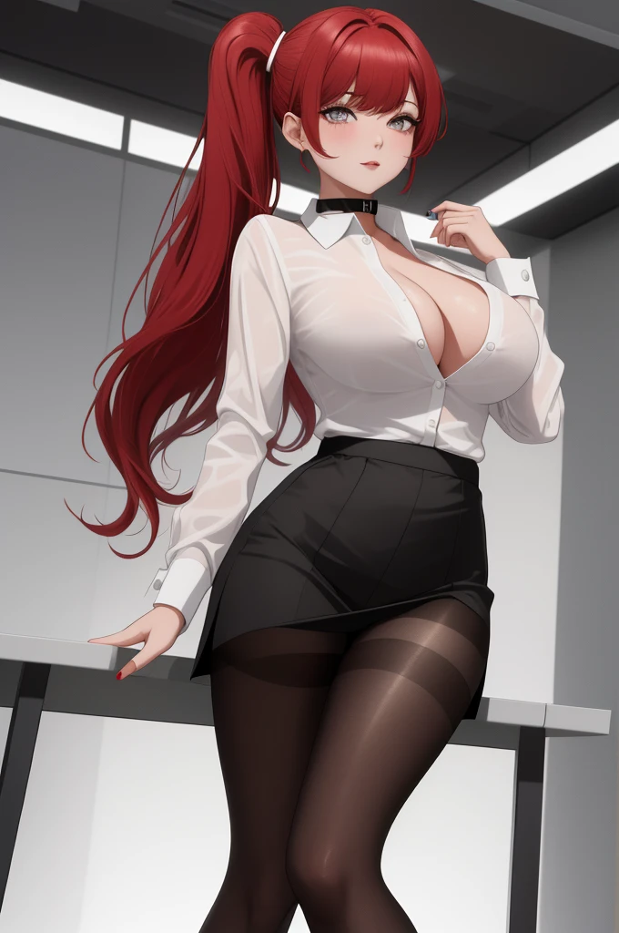 absurderes, 8K ,A high resolution, Ultra detailed, Beautiful, Masterpiece, Best quality, (Beautiful and delicate silver eyes), (1girll) ,A sexy beautiful young woman working as office OL (Office Lady),white button-down blouse，There is a collar,Black Slit Skirt,(Black pantyhose),Long legs ,Detailed legs,High heels,Side ponytail , bangs,full bodyesbian,Big breasts,cleavage,Red hair，
