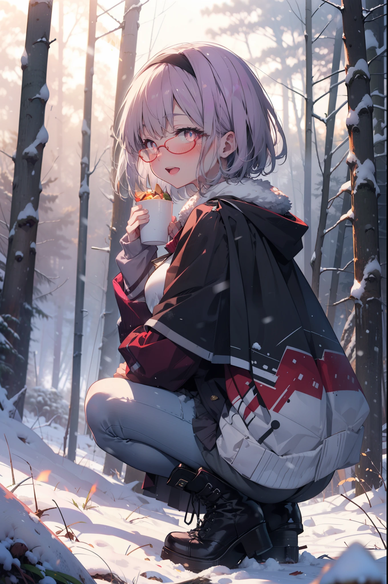 akaneshinjou, shinjou akane, Light purple hair, (Pink Eyes:1.2), short hair,Akagi Glasses,hair band,smile,blush,White Breath,,
Open your mouth,snow,Ground bonfire, Outdoor, boots, snowing, From the side, wood, suitcase, Cape, Blurred, having meal, forest, White handbag, nature,  Squat, Mouth closed, Cape, winter, Written boundary depth, Black shoes, red Cape break looking at viewer, Upper Body, whole body, break Outdoor, forest, nature, break (masterpiece:1.2), Highest quality, High resolution, unity 8k wallpaper, (shape:0.8), (Beautiful and beautiful eyes:1.6), Highly detailed face, Perfect lighting, Highly detailed CG, (Perfect hands, Perfect Anatomy),