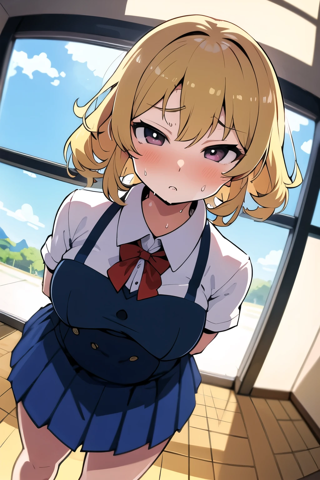 1 Female, Age 20,whole body,Standing,blonde perm hair,Gal,((face)), In the heat, Sulky face, tits, Short Hair, Uniform shirt,High quality anime, Vulgar,(90s Anime), ((Sweat)), Mastepiece, Ultra High Quality, High resolution, 8K, background: Realistic school classroom,Window,sunlight,((Fisheye Lens)),backgroundボケ,(Low - Angle),