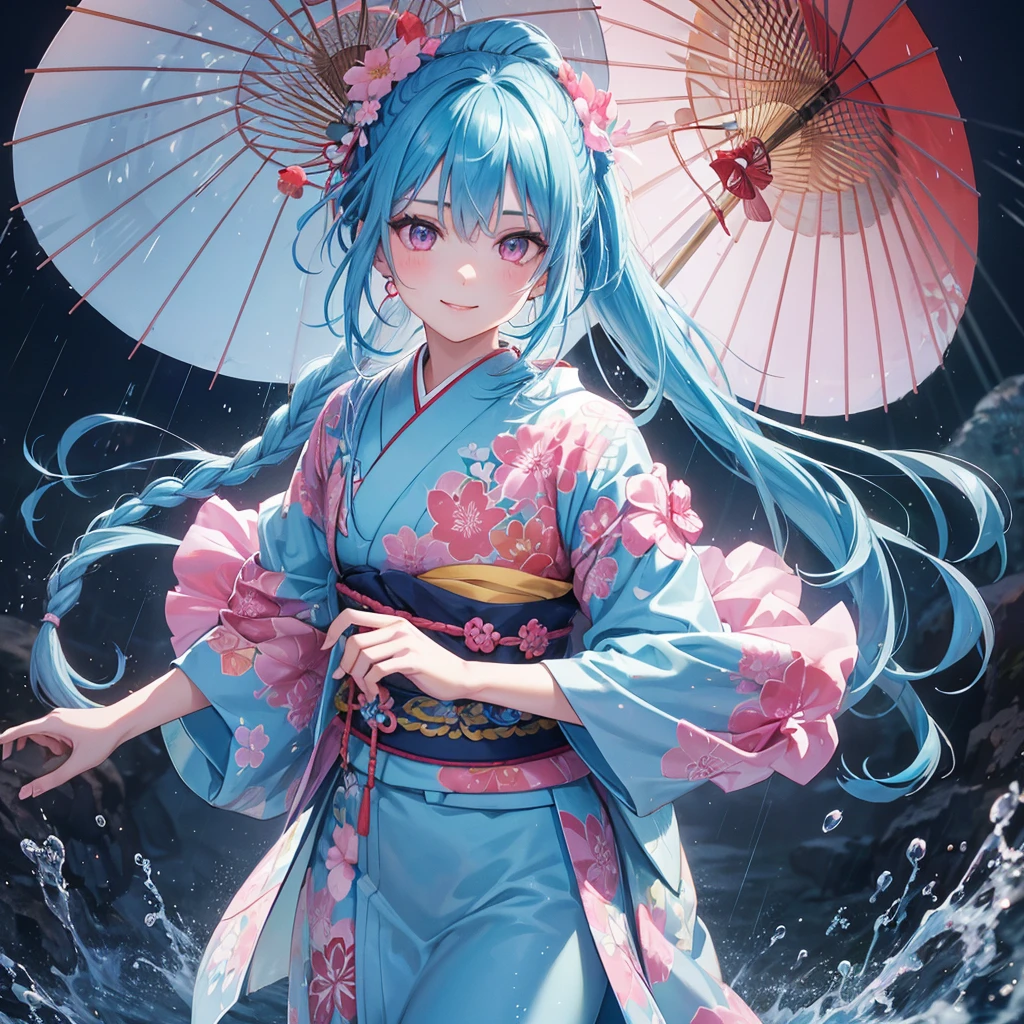 sky Blue hair, (braided ponytail),(pink eyes),fair skin ,(full body),(1 girl),smile,Straight Bangs,(masterpiece, best quality, ultra-detailed, best shadow), (detailed background), (beautiful detailed face), high contrast, (best illumination, an extremely delicate and beautiful), ((cinematic light)), colorful, hyper detail, dramatic light, intricate details,rain shower,kyoto,Japanese Umbrella,kimono,