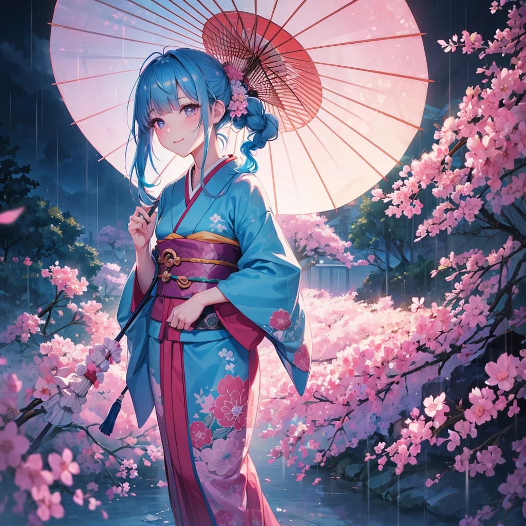 sky Blue hair, (braided ponytail),(pink eyes),fair skin ,(full body),(1 girl),smile,Straight Bangs,(masterpiece, best quality, ultra-detailed, best shadow), (detailed background), (beautiful detailed face), high contrast, (best illumination, an extremely delicate and beautiful), ((cinematic light)), colorful, hyper detail, dramatic light, intricate details,rain shower,kyoto,Japanese Umbrella,kimono,