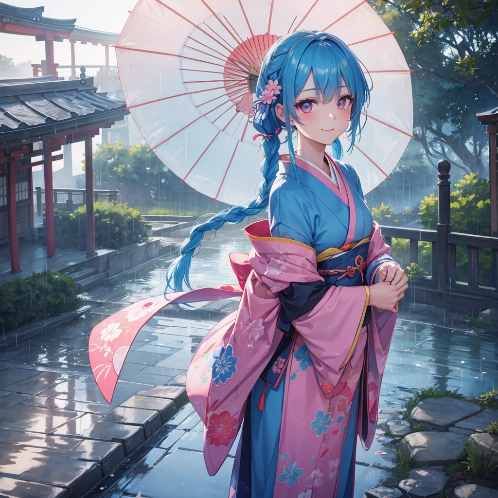 sky Blue hair, (braided ponytail),(pink eyes),fair skin ,(full body),(1 girl),smile,Straight Bangs,(masterpiece, best quality, ultra-detailed, best shadow), (detailed background), (beautiful detailed face), high contrast, (best illumination, an extremely delicate and beautiful), ((cinematic light)), colorful, hyper detail, dramatic light, intricate details,rain shower,kyoto,Japanese Umbrella,kimono,