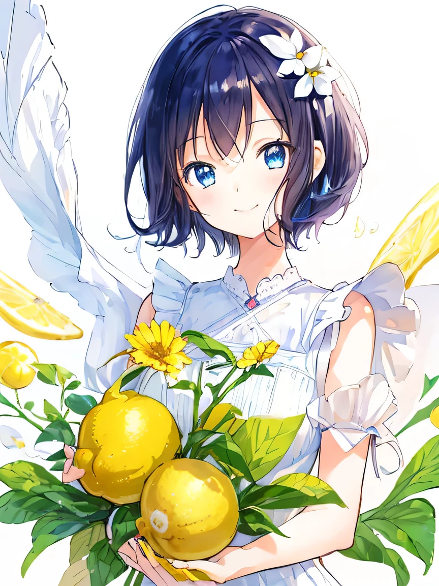((Masterpiece)), ((top quality)), very detailed, animated style illustration, kitchen, 1girl, cute girl, solo, upper body, upper body focus, in the middle, white sundress, (beautiful eyes), beautiful black hair, short hair, flower hair ornament, blue eyes, slim, slender, (holding a lemon:1.3), (white background:1.8), (smile:1.2). A soft and gentle anime illustration with pastel colors, featuring a 14-year-old girl with short black hair adorned with a small flower hair ornament and blue eyes. The artwork should have a fluffy and delicate style, capturing the youth and innocence of the girl. The pastel color scheme adds to the gentle and serene atmosphere of the illustration, emphasizing the girl's youthful and innocent appearance.