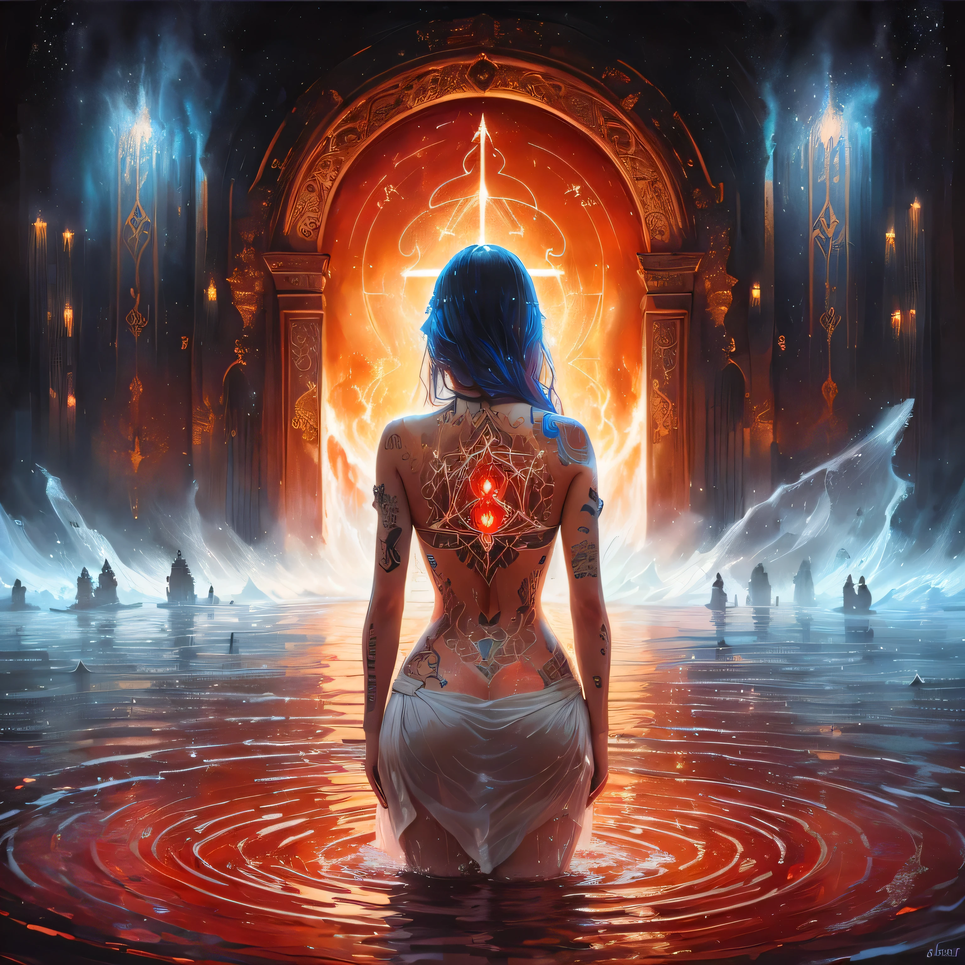 Une artistique d'une femme debout dans une mare d'eau mélangée à du sang sur le dos, a tattoo with magic symbols in front of a giant door de l'enfer derrière la porte, a liquid fire, a magic door, quantum mechanics, la physique, les symboles spatiaux . An artistic painting of a woman standing in a pool of water mixed with blood on her back, a tattoo with magic symbols in front of a giant door, a liquid fire, a magic portal, quantum mechanics, une physique, des codes spatiaux