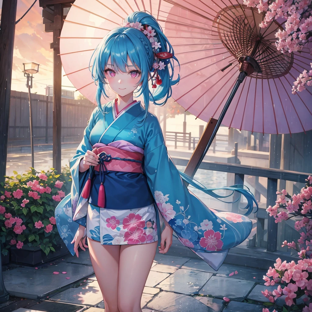sky Blue hair, (braided ponytail),(pink eyes),fair skin ,(full body),(1 girl),smile,Straight Bangs,(masterpiece, best quality, ultra-detailed, best shadow), (detailed background), (beautiful detailed face), high contrast, (best illumination, an extremely delicate and beautiful), ((cinematic light)), colorful, hyper detail, dramatic light, intricate details,rain shower,kyoto,Japanese Umbrella,kimono,
