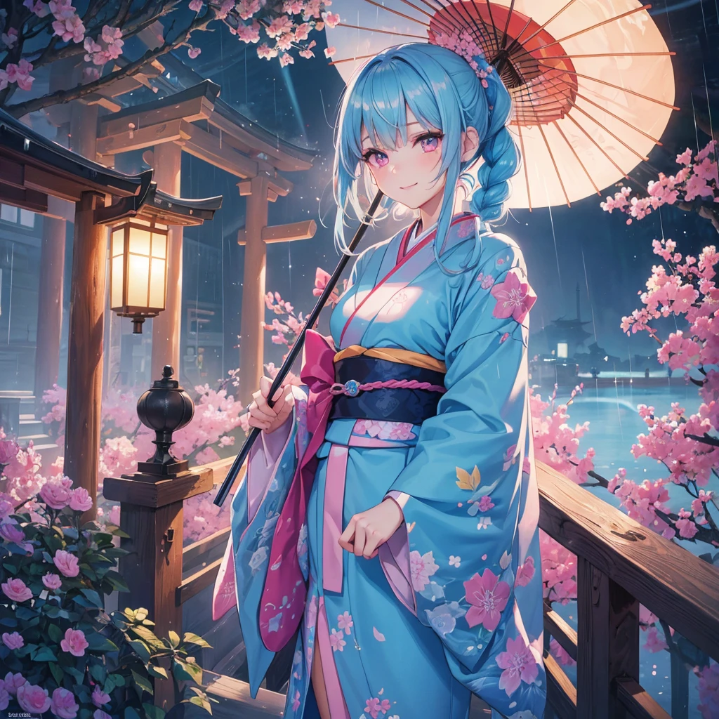 sky Blue hair, (braided ponytail),(pink eyes),fair skin ,(full body),(1 girl),smile,Straight Bangs,(masterpiece, best quality, ultra-detailed, best shadow), (detailed background), (beautiful detailed face), high contrast, (best illumination, an extremely delicate and beautiful), ((cinematic light)), colorful, hyper detail, dramatic light, intricate details,rain shower,kyoto,Japanese Umbrella,kimono,