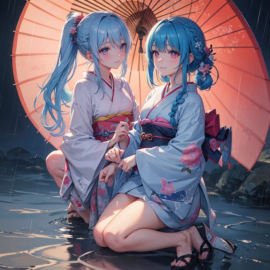 sky Blue hair, (braided ponytail),(pink eyes),fair skin ,(full body),(1 girl),smile,Straight Bangs,(masterpiece, best quality, ultra-detailed, best shadow), (detailed background), (beautiful detailed face), high contrast, (best illumination, an extremely delicate and beautiful), ((cinematic light)), colorful, hyper detail, dramatic light, intricate details,rain shower,kyoto,Japanese Umbrella,kimono,
