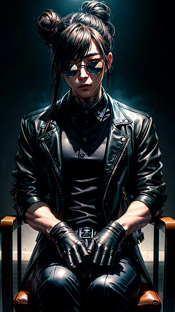 Korean men with a lot of style, stylish, punk style, black round sunglasses, long hair tied in a bun, sitting on a chair in the dark, dynamic point of view, best quality, best color, very realistic, very detailed, dark clothes, very charismatic character, black leather gloves