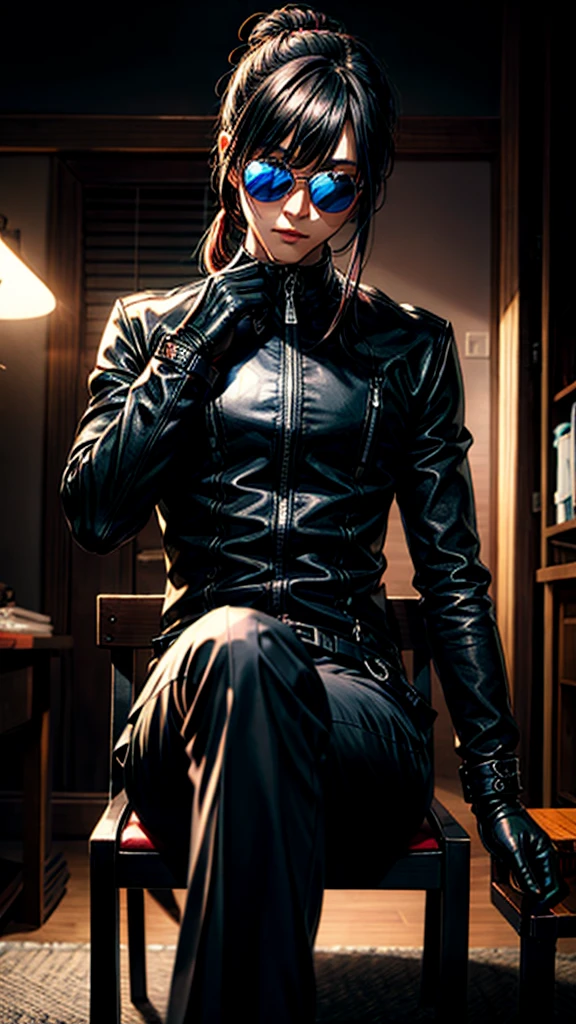Korean men with a lot of style, stylish, punk style, black round sunglasses, long hair tied in a bun, sitting on a chair in the dark, dynamic point of view, best quality, best color, very realistic, very detailed, dark clothes, very charismatic character, black leather gloves