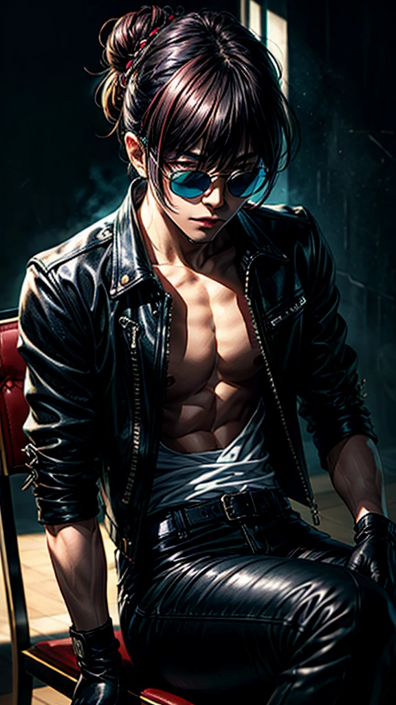 Korean men with a lot of style, stylish, punk style, black round sunglasses, long hair tied in a bun, sitting on a chair in the dark, dynamic point of view, best quality, best color, very realistic, very detailed, dark clothes, very charismatic character, black leather gloves