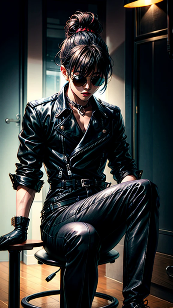 Korean men with a lot of style, stylish, punk style, black round sunglasses, long hair tied in a bun, sitting on a chair in the dark, dynamic point of view, best quality, best color, very realistic, very detailed, dark clothes, very charismatic character, black leather gloves