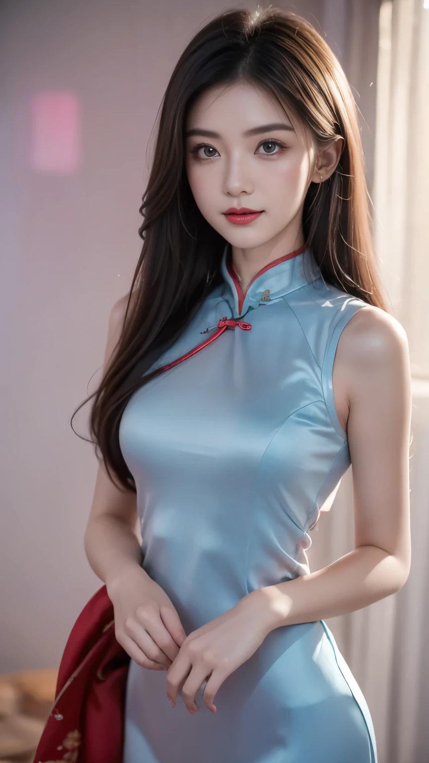 1 Girl,origin,Cowboy shooting,Shut up, cheongsam, A faint smile,, Simple background,