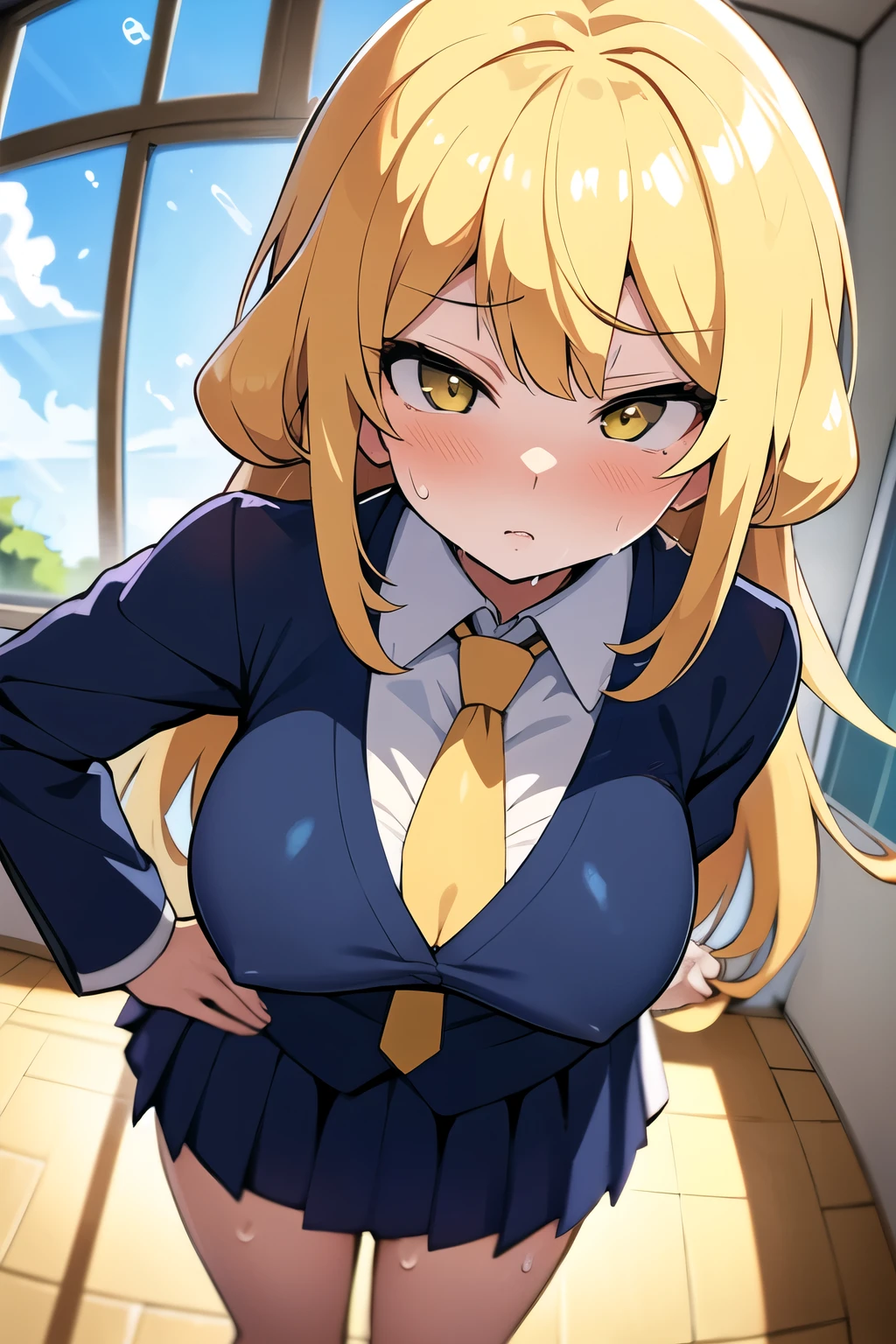 1 Female, Age 20,whole body,Standing,blonde perm hair,Gal,((face)), In the heat, Sulky face, Yellow Eyes,tits, White shirt,Navy blue tie,High quality anime, Vulgar,(90s Anime), ((Sweat)), Mastepiece, Ultra High Quality, High resolution, 8K, background: Realistic school classroom,Window,sunlight,((Fisheye Lens)),backgroundボケ,(Low - Angle),